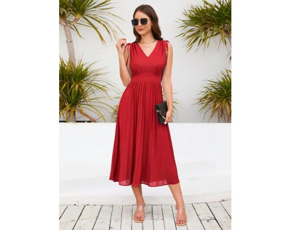 Pleated V-Neck Sleeveless Midi Dress