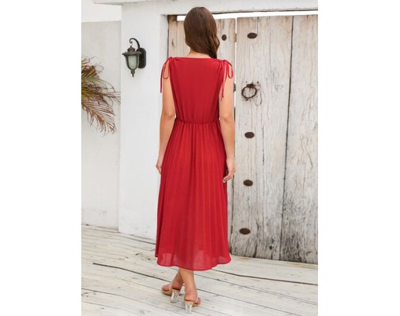 Pleated V-Neck Sleeveless Midi Dress