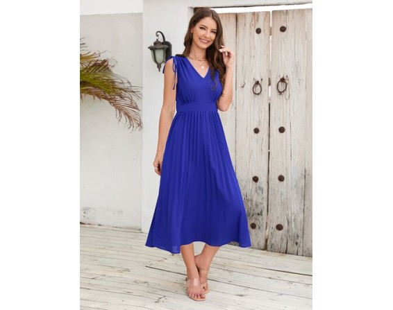 Pleated V-Neck Sleeveless Midi Dress