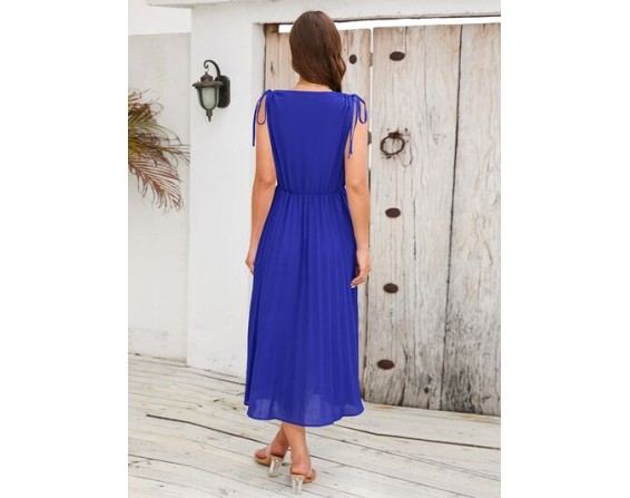 Pleated V-Neck Sleeveless Midi Dress