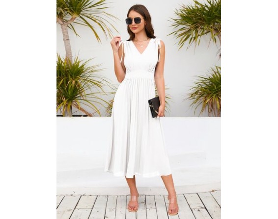 Pleated V-Neck Sleeveless Midi Dress