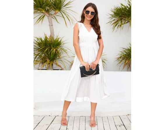 Pleated V-Neck Sleeveless Midi Dress