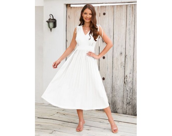 Pleated V-Neck Sleeveless Midi Dress