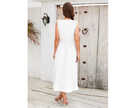 Pleated V-Neck Sleeveless Midi Dress