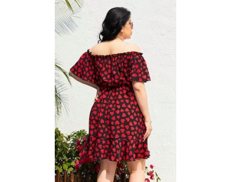 Plus Size Heart Print Off-Shoulder Tied Dress