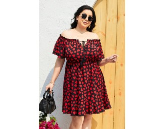 Plus Size Heart Print Off-Shoulder Tied Dress