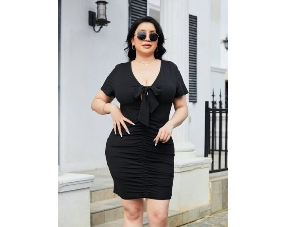 Plus Size Ruched Tied Short Sleeve Mini Dress