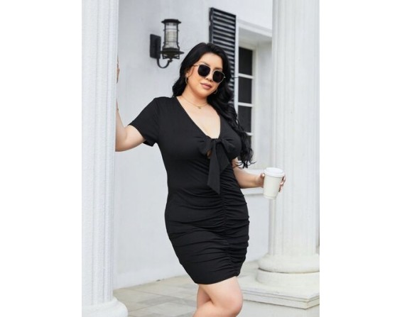 Plus Size Ruched Tied Short Sleeve Mini Dress