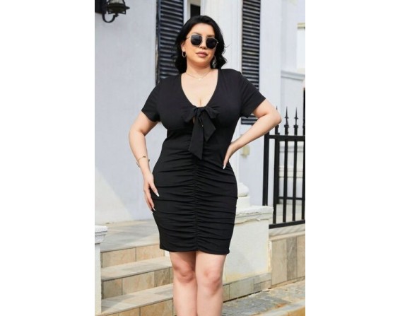 Plus Size Ruched Tied Short Sleeve Mini Dress