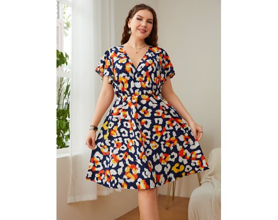 Plus Size Surplice Neck Flutter Sleeve Dress