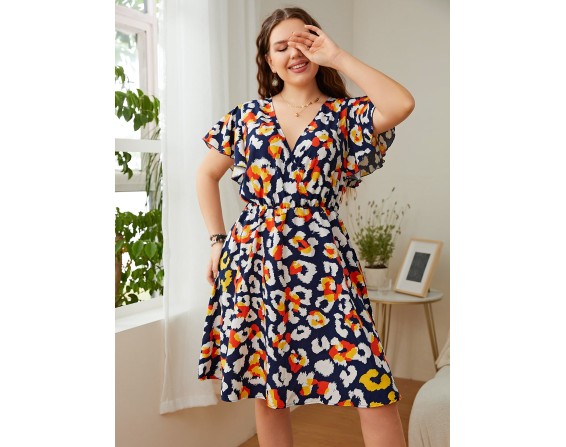 Plus Size Surplice Neck Flutter Sleeve Dress