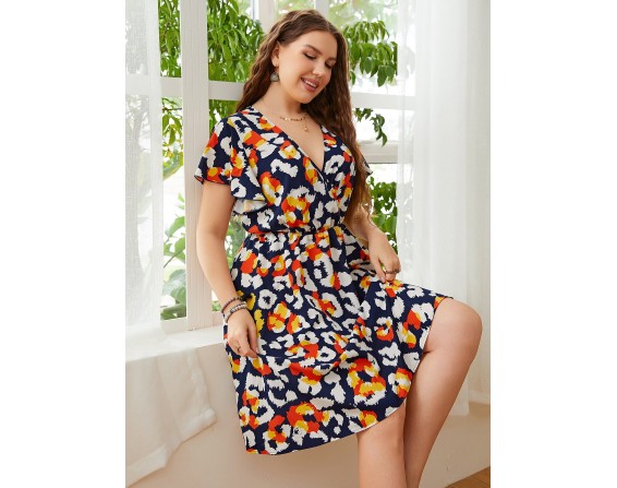 Plus Size Surplice Neck Flutter Sleeve Dress