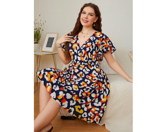 Plus Size Surplice Neck Flutter Sleeve Dress