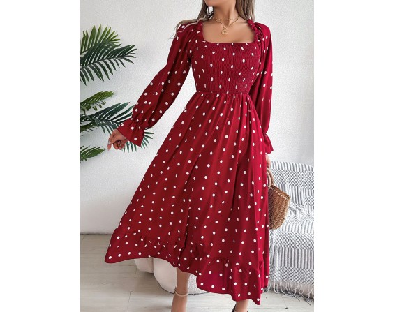 Polka Dot Flounce Sleeve Midi Dress