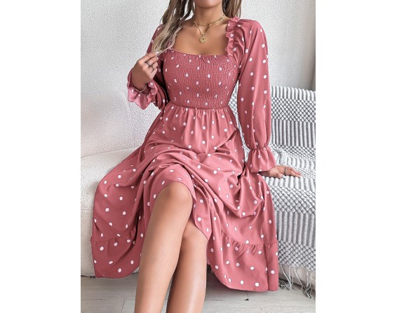 Polka Dot Flounce Sleeve Midi Dress