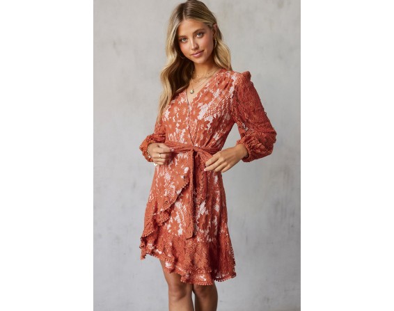 Pompom Trim Puff Sleeve Belted Lace Dress