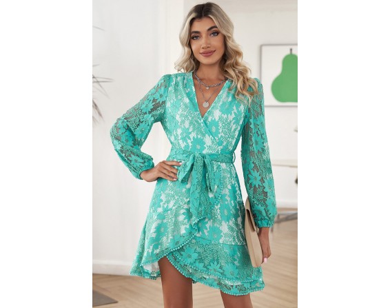 Pompom Trim Puff Sleeve Belted Lace Dress