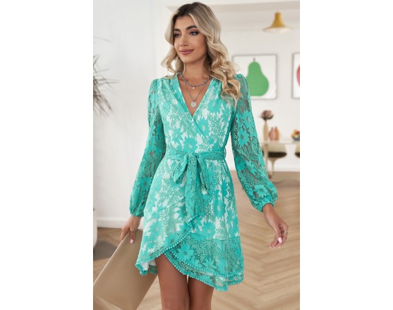 Pompom Trim Puff Sleeve Belted Lace Dress