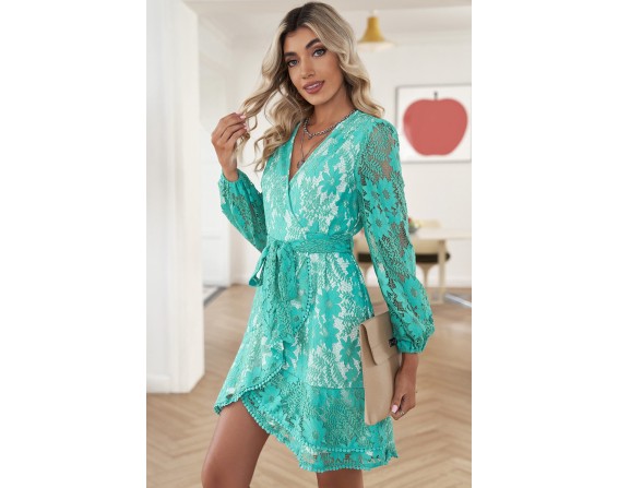 Pompom Trim Puff Sleeve Belted Lace Dress