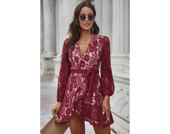 Pompom Trim Puff Sleeve Belted Lace Dress