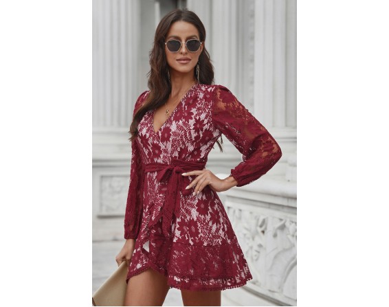 Pompom Trim Puff Sleeve Belted Lace Dress