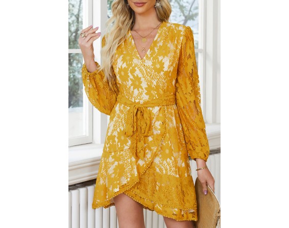 Pompom Trim Puff Sleeve Belted Lace Dress