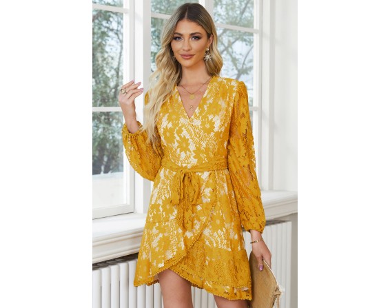 Pompom Trim Puff Sleeve Belted Lace Dress