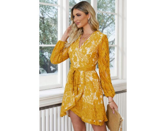 Pompom Trim Puff Sleeve Belted Lace Dress