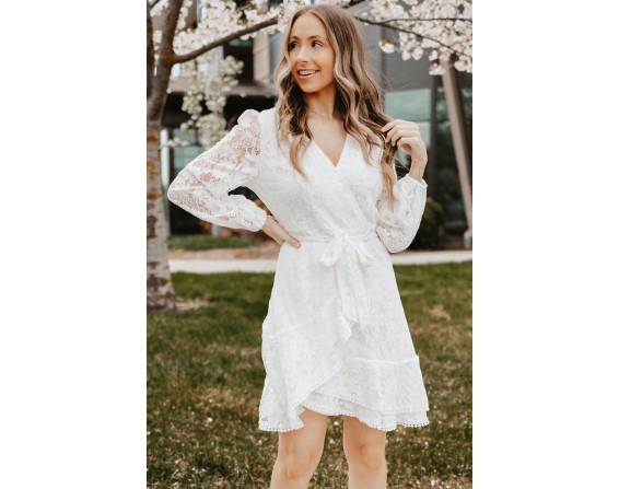 Pompom Trim Puff Sleeve Belted Lace Dress