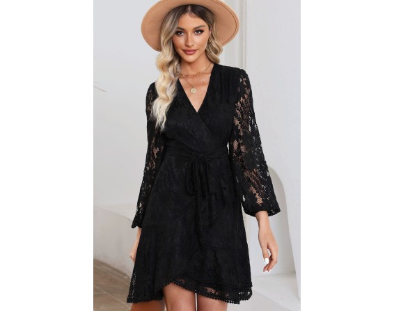 Pompom Trim Puff Sleeve Belted Lace Dress