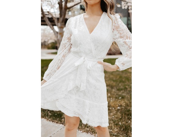 Pompom Trim Puff Sleeve Belted Lace Dress