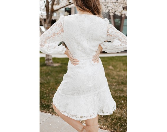 Pompom Trim Puff Sleeve Belted Lace Dress