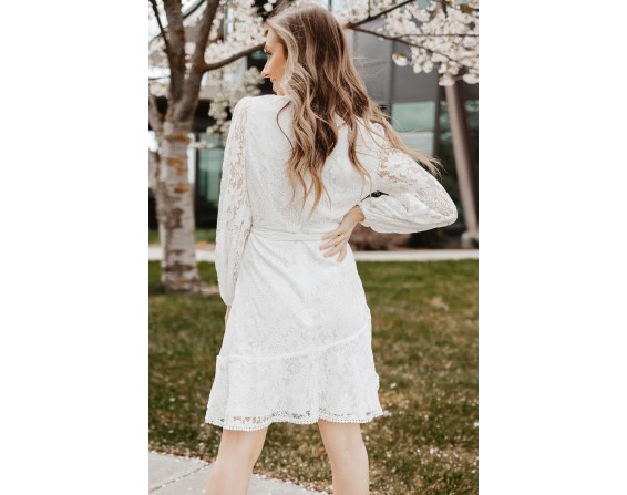 Pompom Trim Puff Sleeve Belted Lace Dress