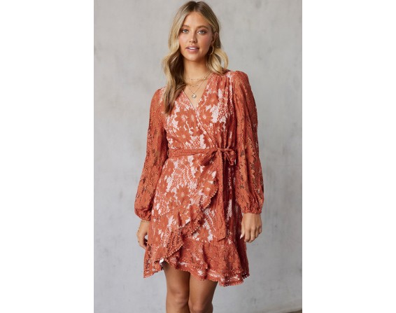 Pompom Trim Puff Sleeve Belted Lace Dress