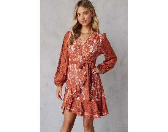 Pompom Trim Puff Sleeve Belted Lace Dress