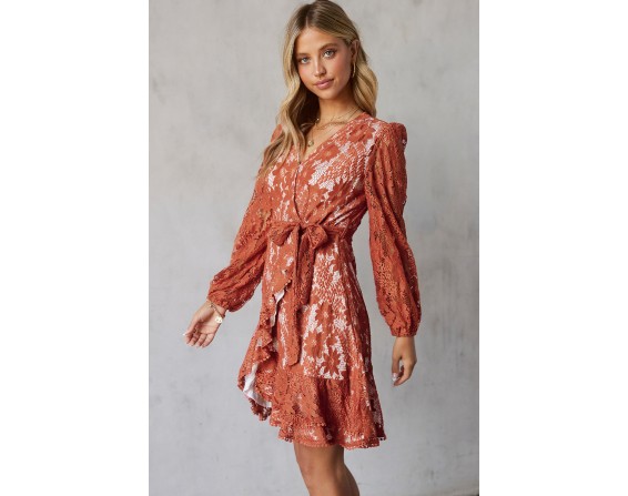 Pompom Trim Puff Sleeve Belted Lace Dress