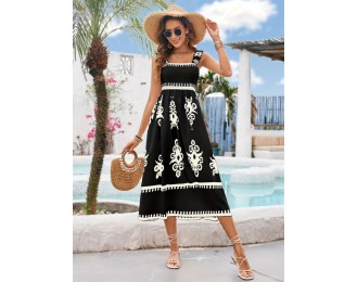 Printed Square Neck Wide Strap Midi Dress