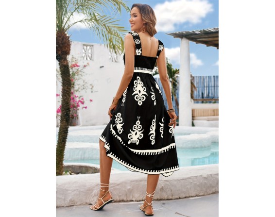 Printed Square Neck Wide Strap Midi Dress