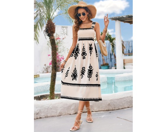 Printed Square Neck Wide Strap Midi Dress