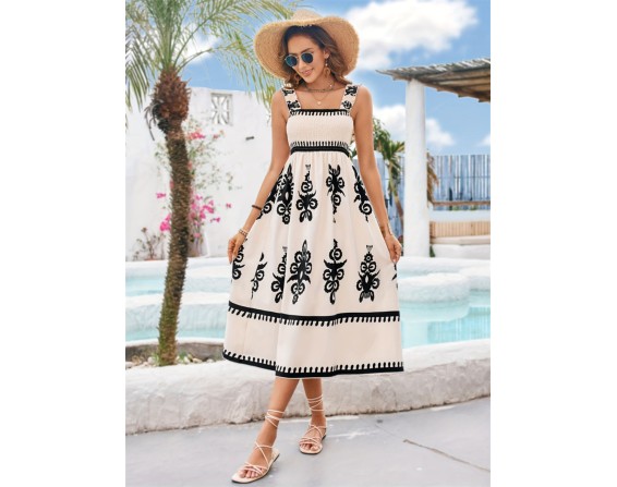 Printed Square Neck Wide Strap Midi Dress