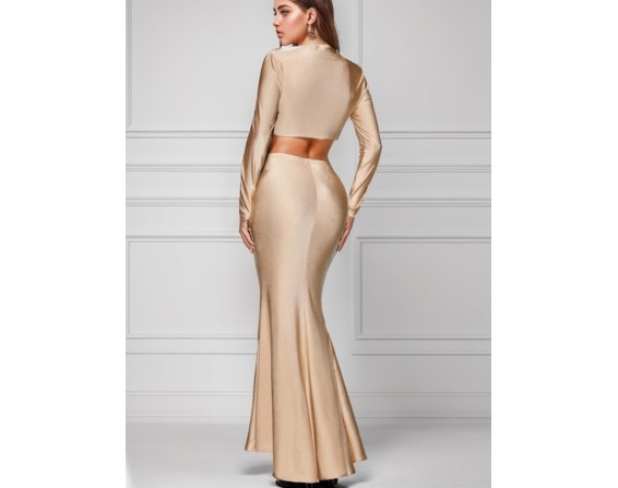 Ruched Long Sleeve Top and Slit Skirt Set