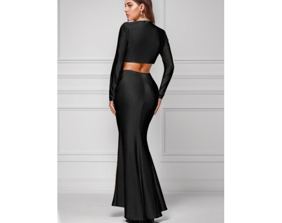 Ruched Long Sleeve Top and Slit Skirt Set