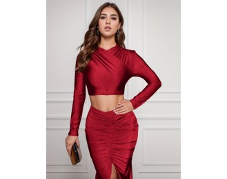 Ruched Long Sleeve Top and Slit Skirt Set