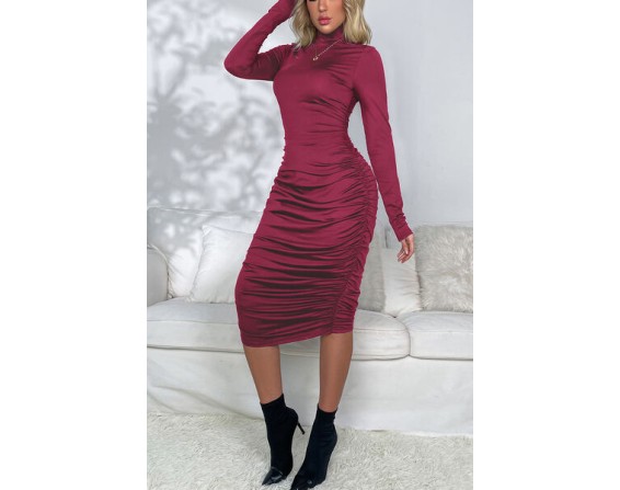 Ruched Mock Neck Long Sleeve Dress