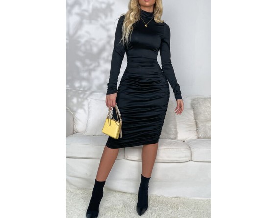 Ruched Mock Neck Long Sleeve Dress