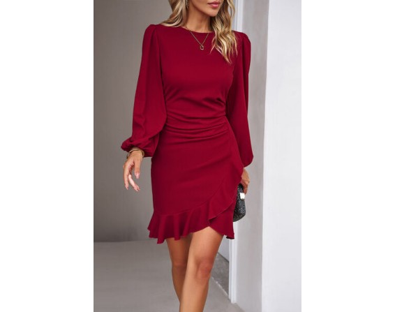 Ruched Ruffled Sleeve Mini Dress