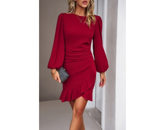 Ruched Ruffled Sleeve Mini Dress