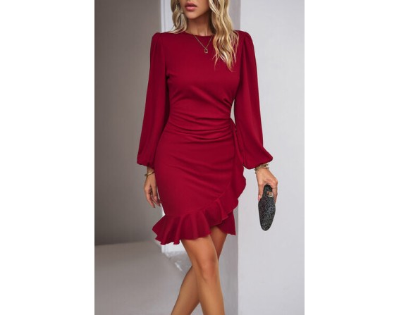 Ruched Ruffled Sleeve Mini Dress