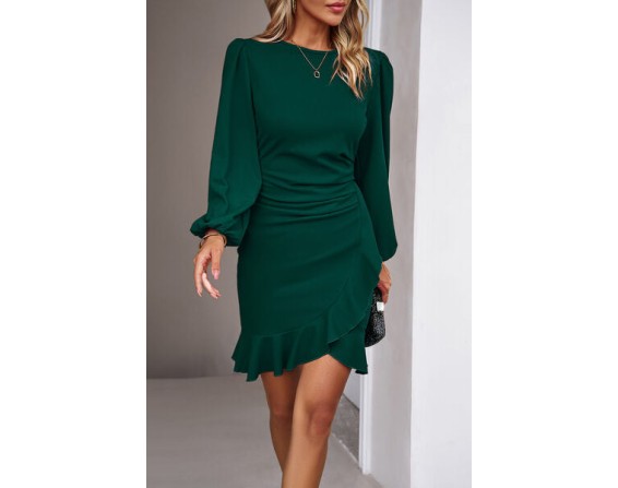 Ruched Ruffled Sleeve Mini Dress