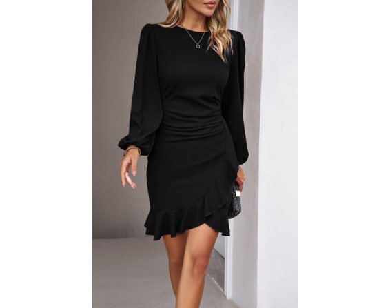 Ruched Ruffled Sleeve Mini Dress